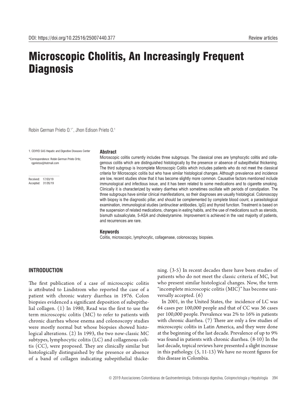 Microscopic Cholitis, an Increasingly Frequent Diagnosis