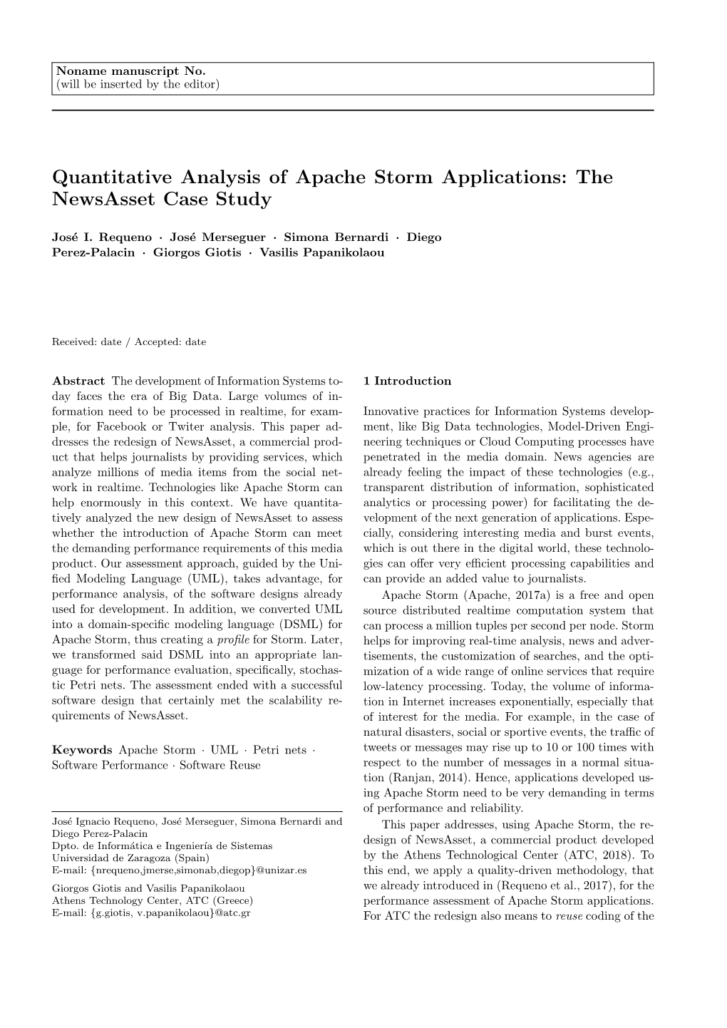 Quantitative Analysis of Apache Storm Applications: the Newsasset Case Study