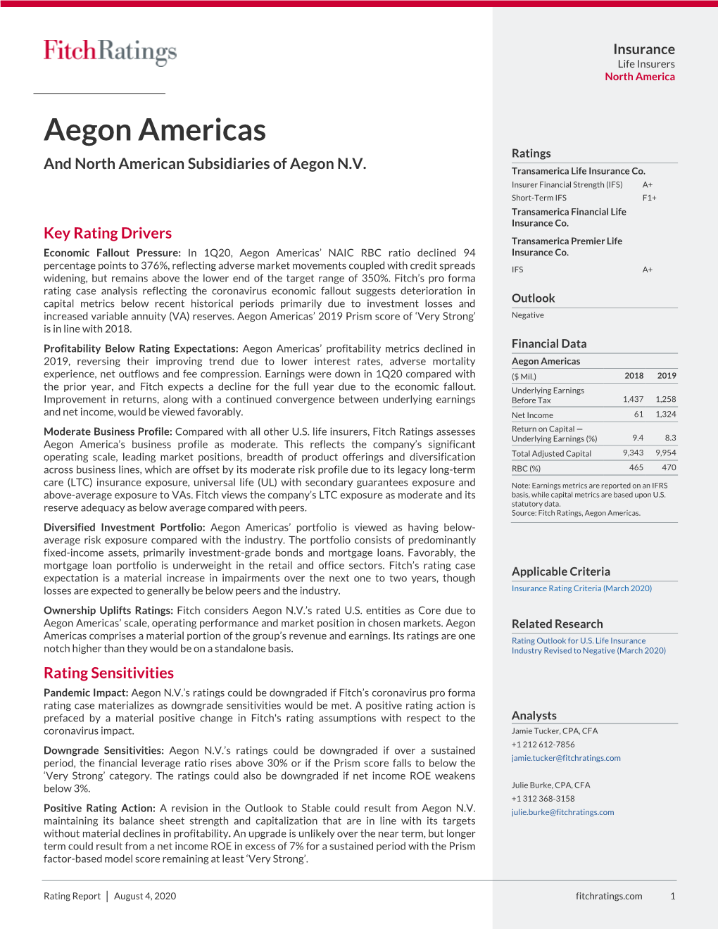 Aegon Americas Ratings and North American Subsidiaries of Aegon N.V