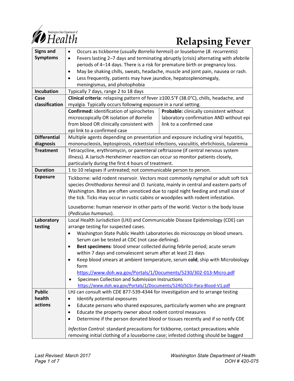 Relapsing Fever Reporting and Investigation Guideline