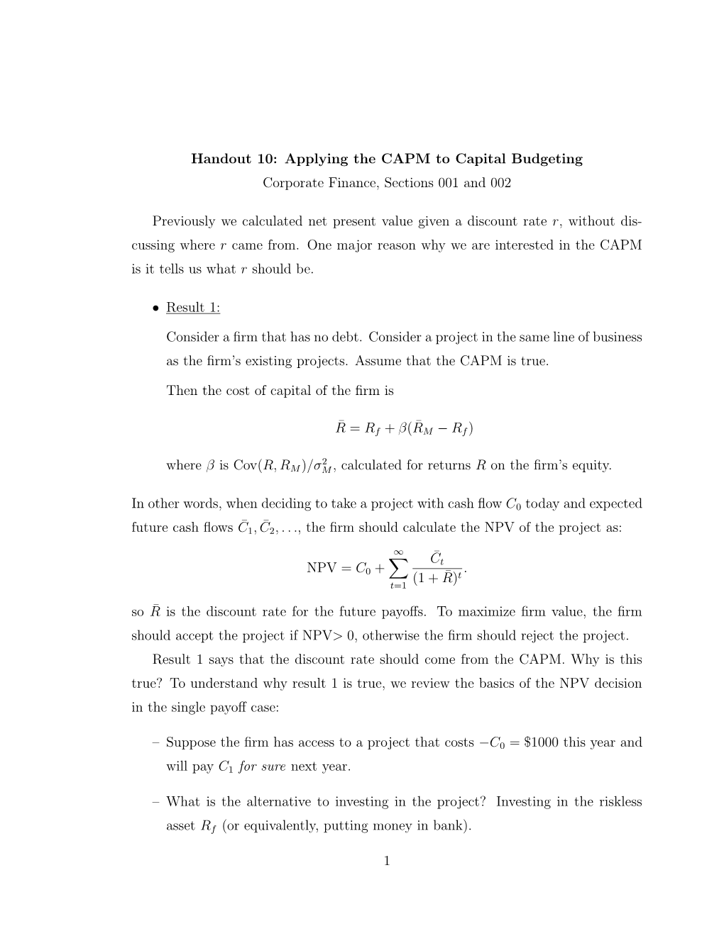 Applying the CAPM to Capital Budgeting Corporate Finance, Sections 001 and 002