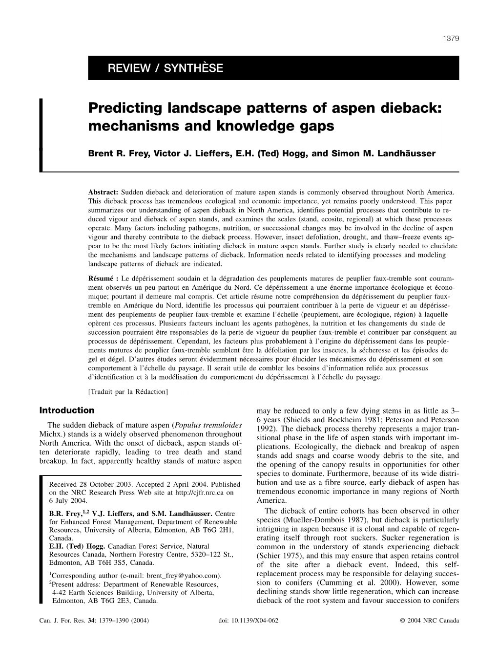 Predicting Landscape Patterns of Aspen Dieback: Mechanisms and Knowledge Gaps