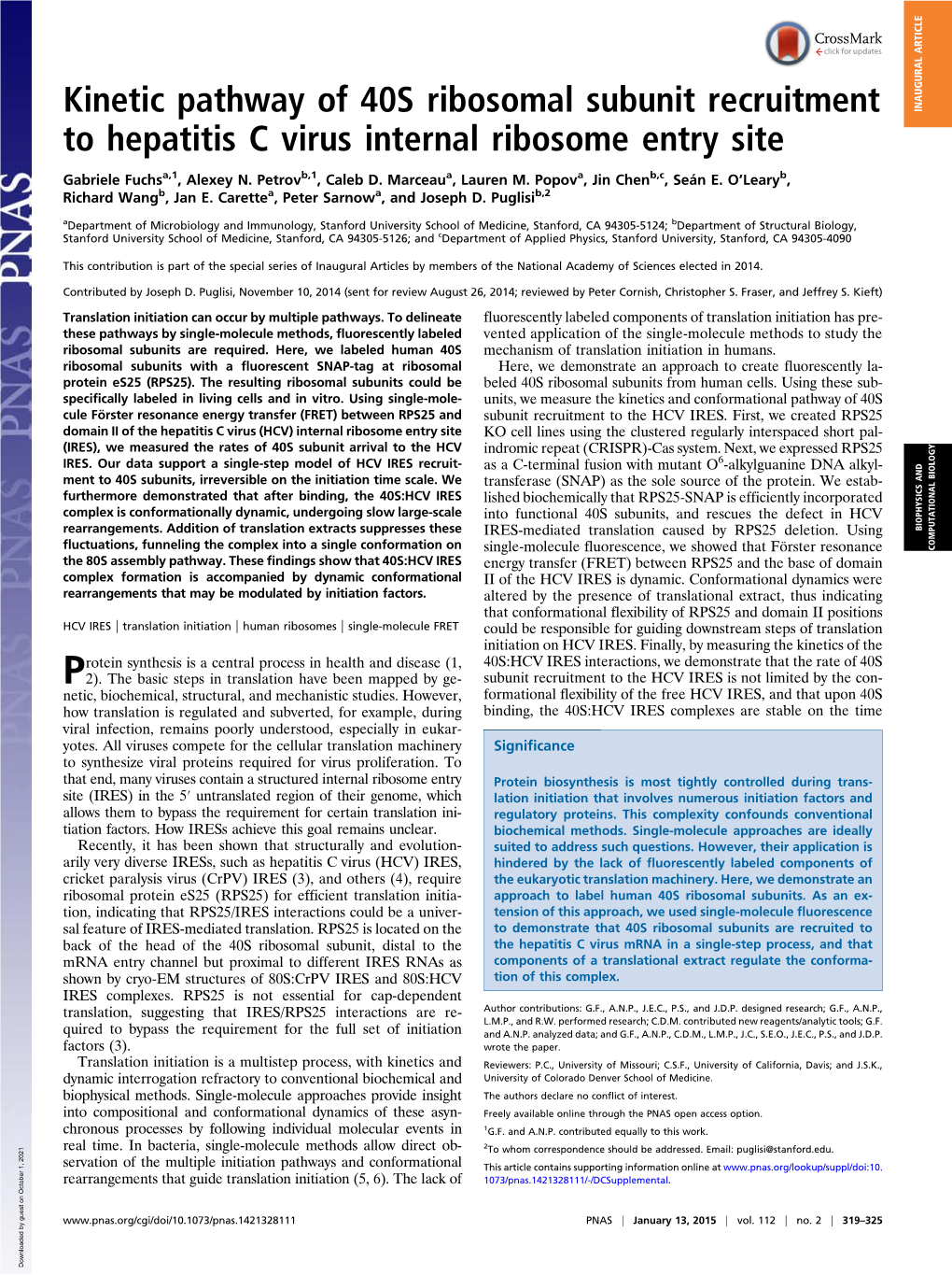 Kinetic Pathway of 40S Ribosomal Subunit Recruitment to Hepatitis C