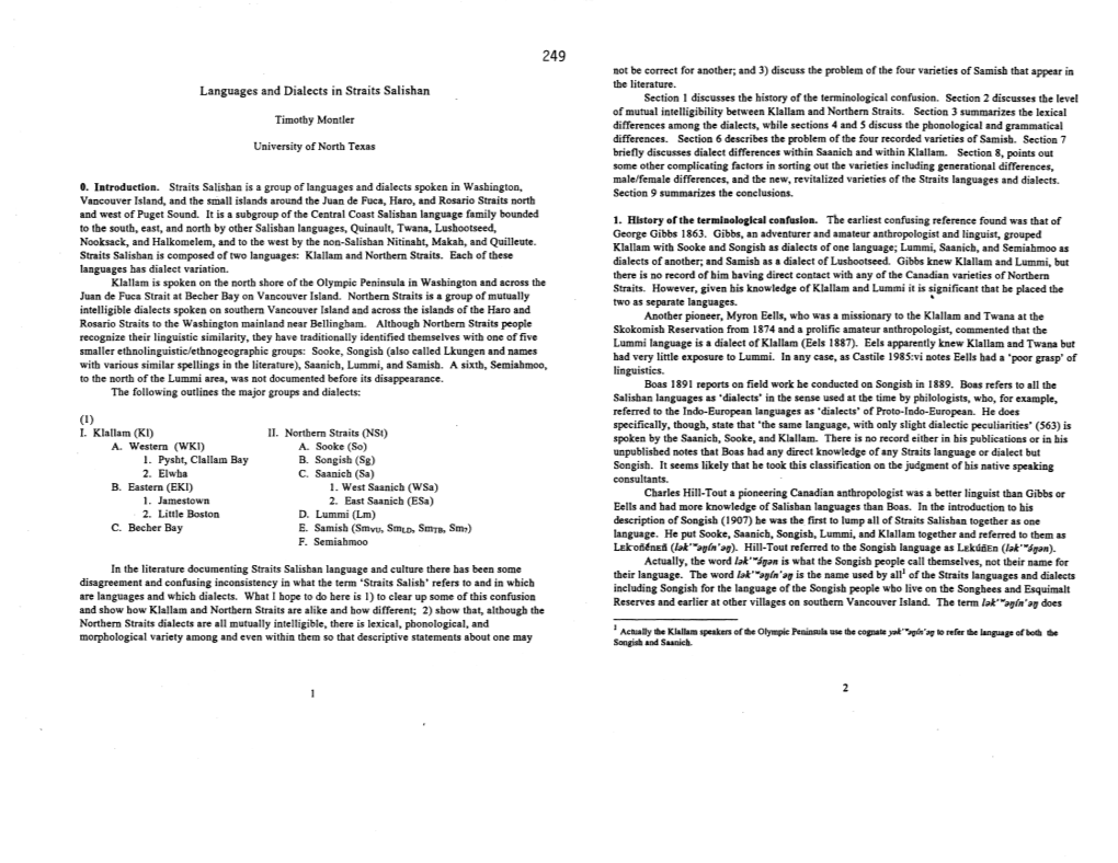 Languages and Dialects in Straits Salishan Section I Discusses the History of the Terminological Confusion