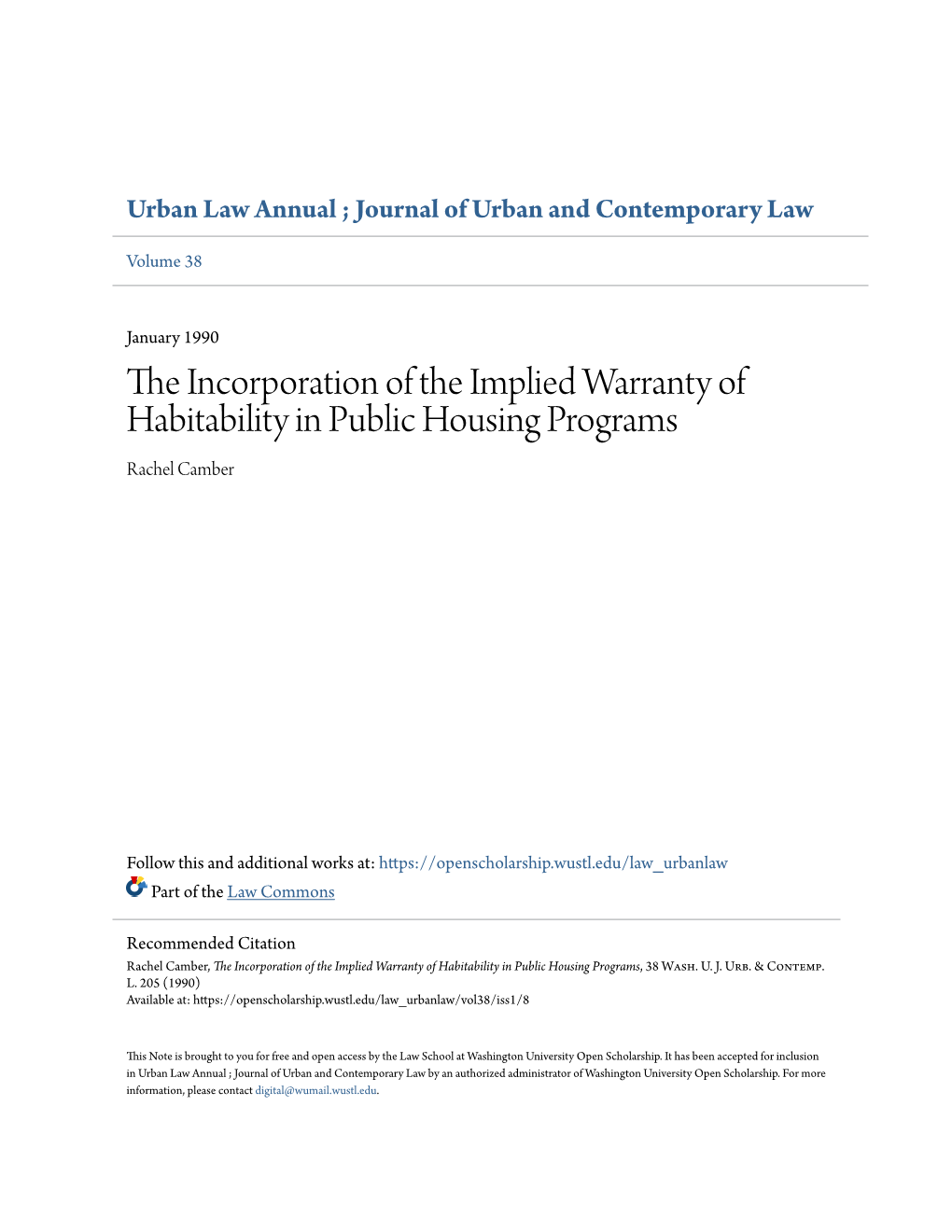 The Incorporation of the Implied Warranty of Habitability in Public Housing Programs, 38 Wash