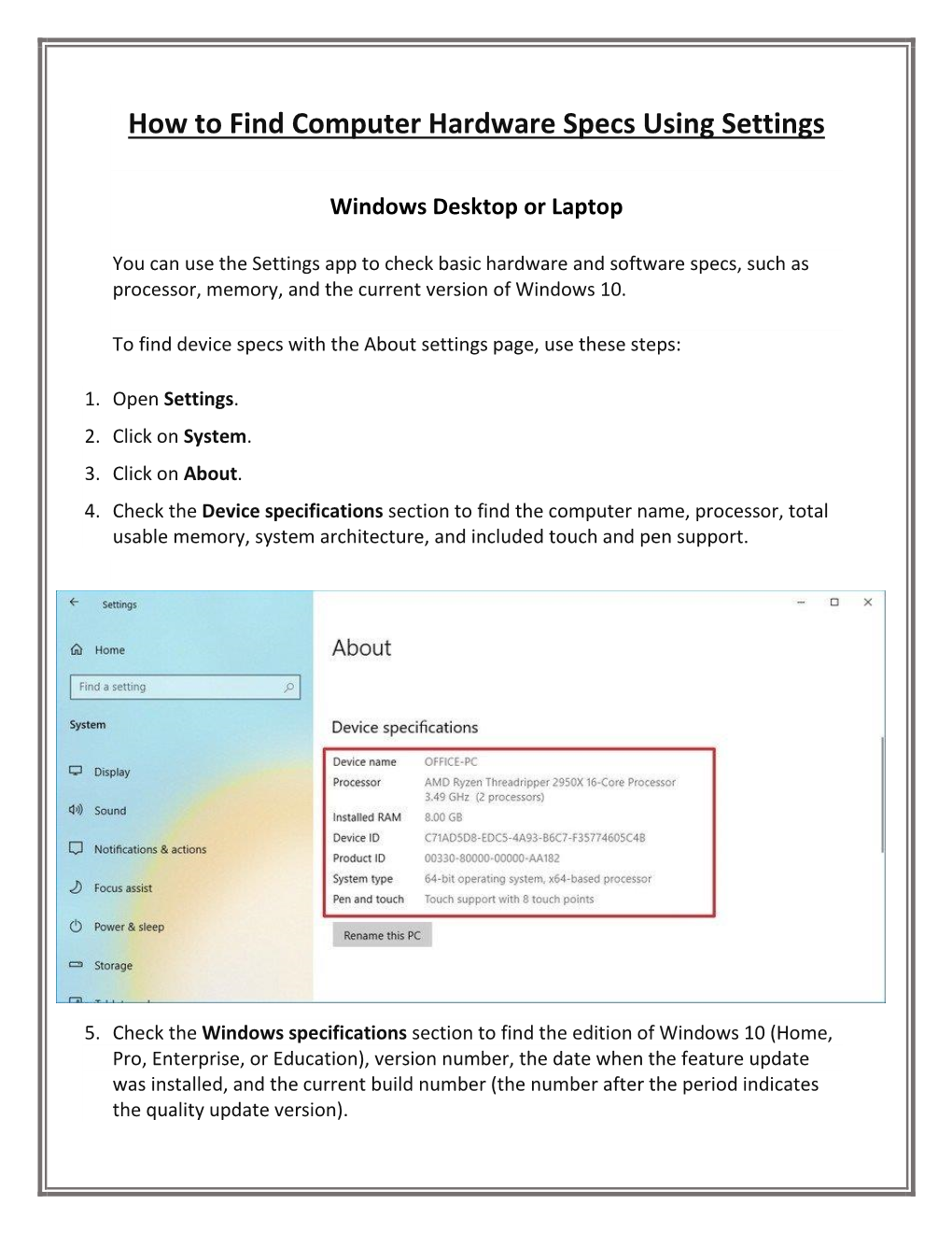 How to Find Computer Hardware Specs Using Settings