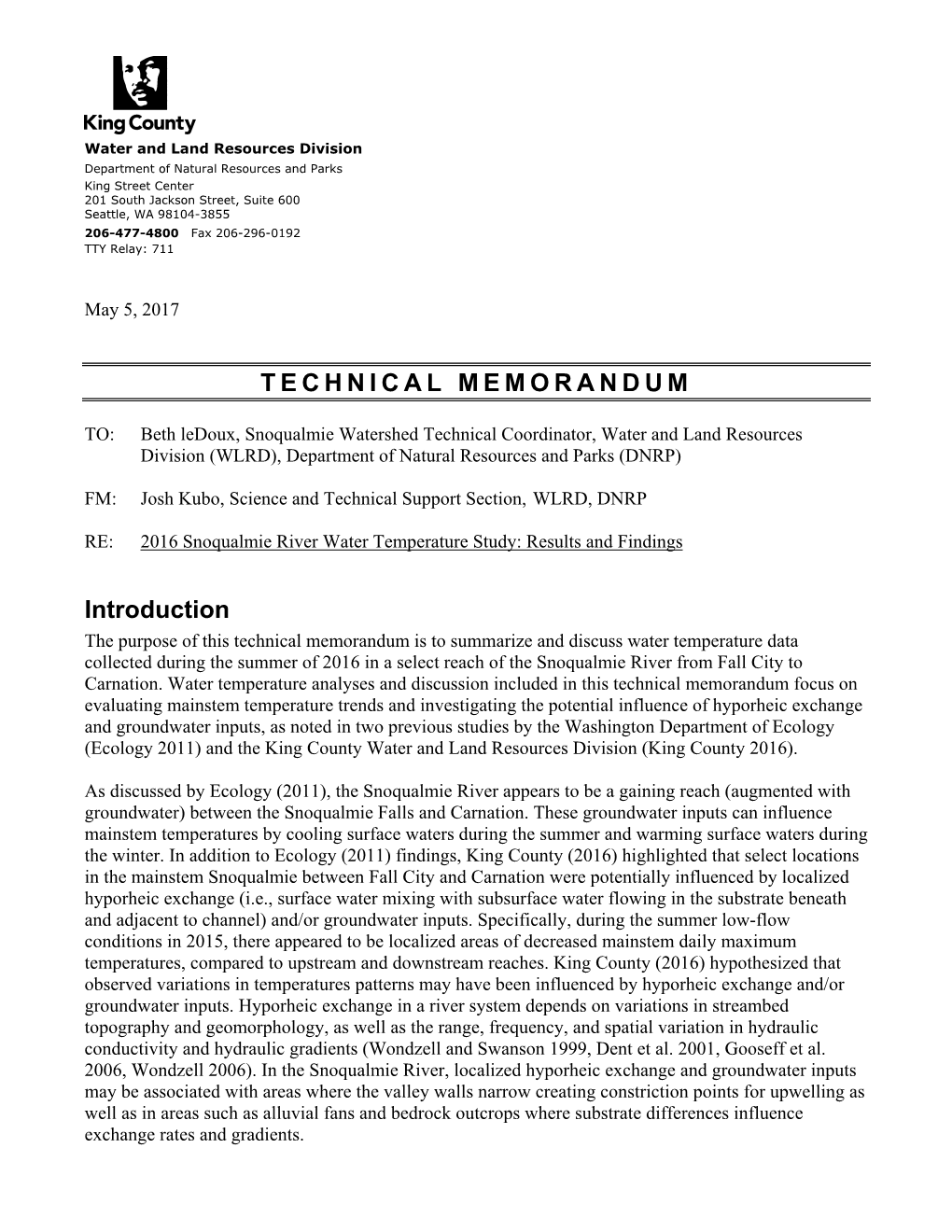 2016 Snoqualmie River Water Temperature Study: Results and Findings