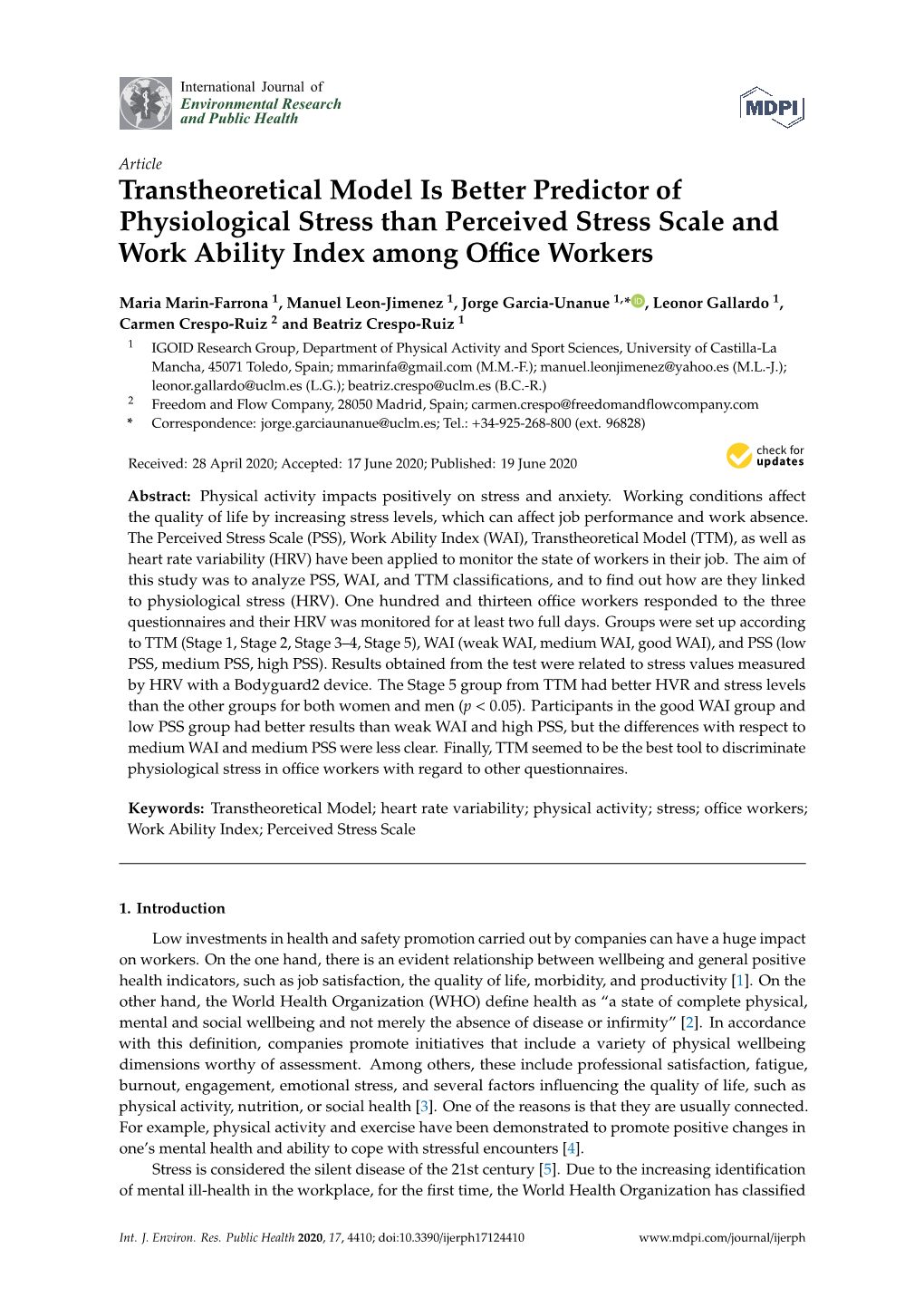 Transtheoretical Model Is Better Predictor of Physiological Stress Than Perceived Stress Scale and Work Ability Index Among Oﬃce Workers