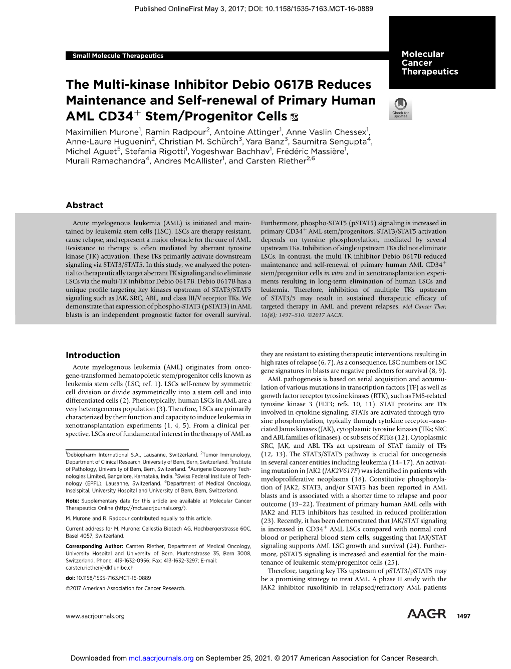 The Multi-Kinase Inhibitor Debio 0617B Reduces Maintenance and Self-Renewal of Primary Human AML CD34 Stem/Progenitor Cells