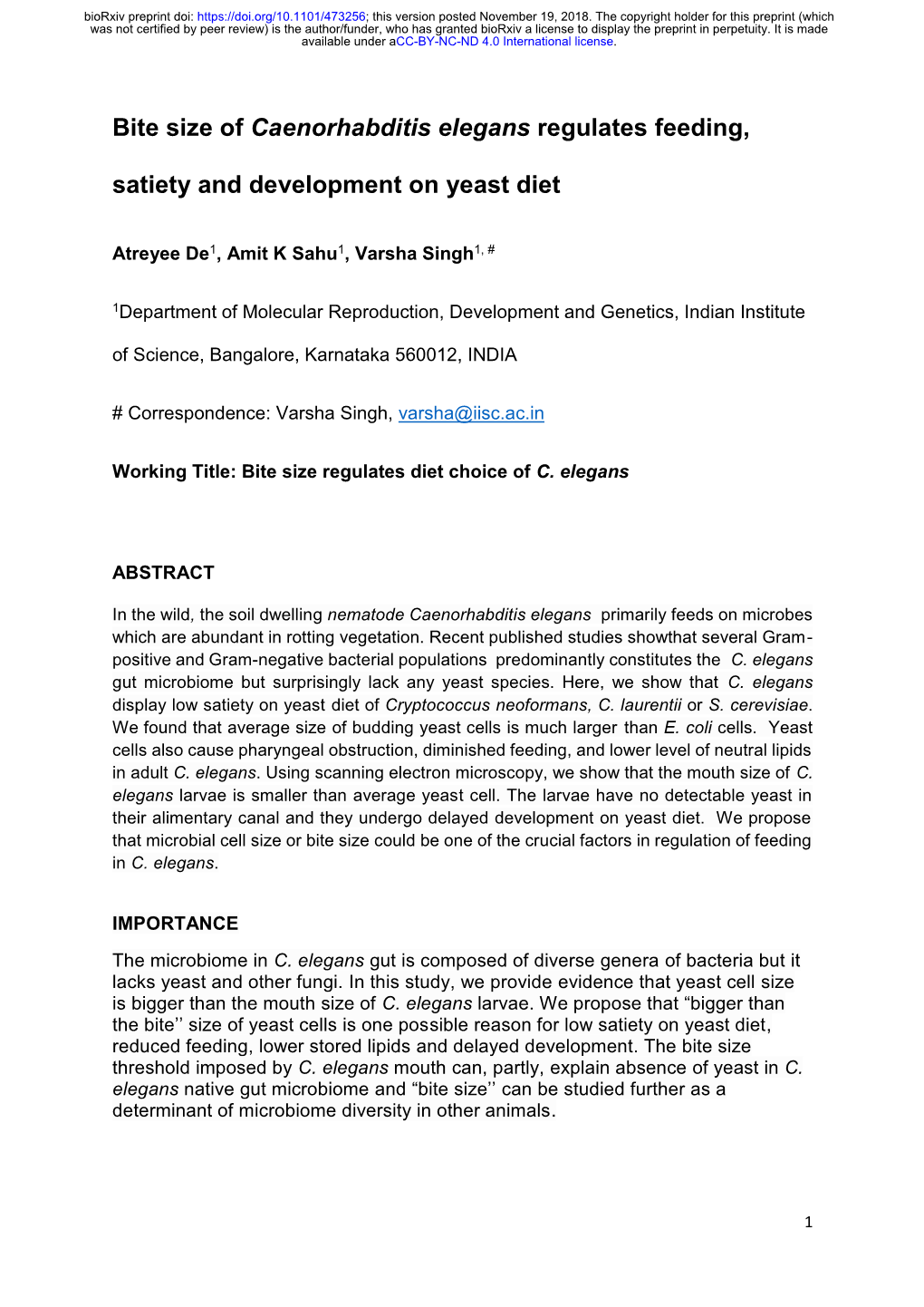 Bite Size of Caenorhabditis Elegans Regulates Feeding, Satiety