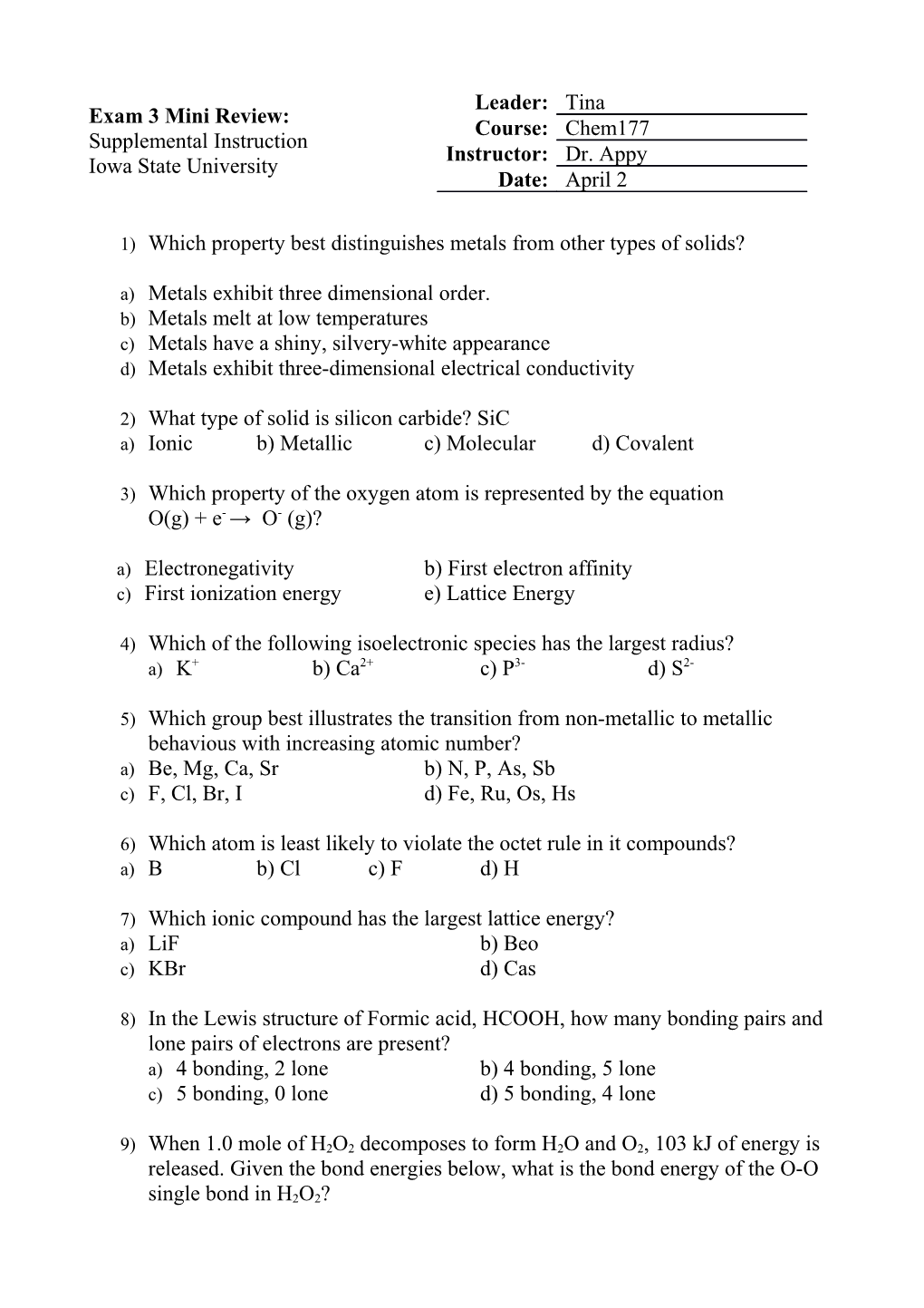 1) Which Property Best Distinguishes Metals from Other Types of Solids?