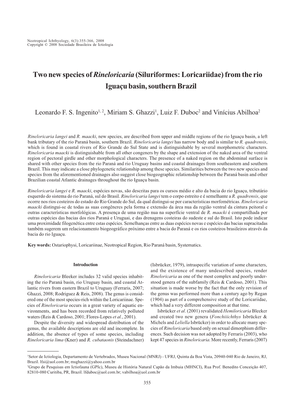 Two New Species of Rineloricaria(Siluriformes