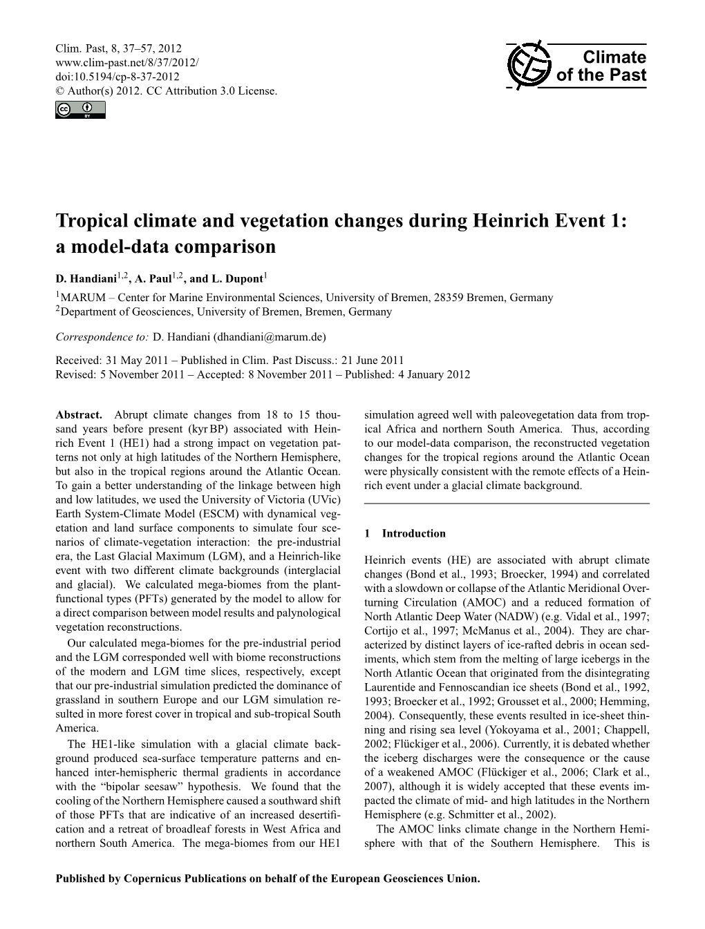 Tropical Climate and Vegetation Changes During Heinrich Event 1: a Model-Data Comparison