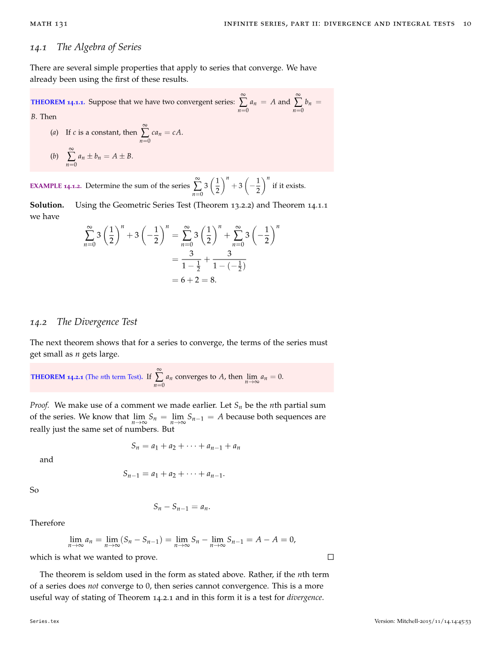 Math 131Infinite Series, Part II: Divergence and Integral Tests