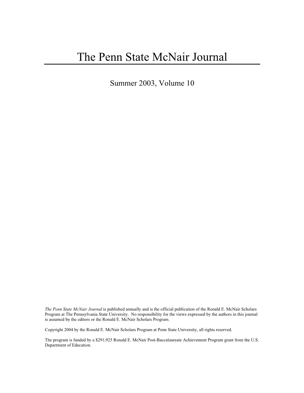 The Penn State Mcnair Journal Summer 2003, Volume 10