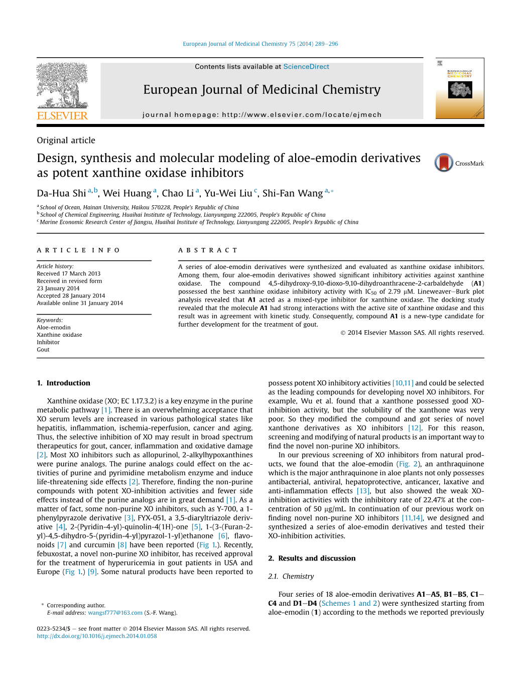 Design, Synthesis and Molecular Modeling of Aloe-Emodin Derivatives As Potent Xanthine Oxidase Inhibitors