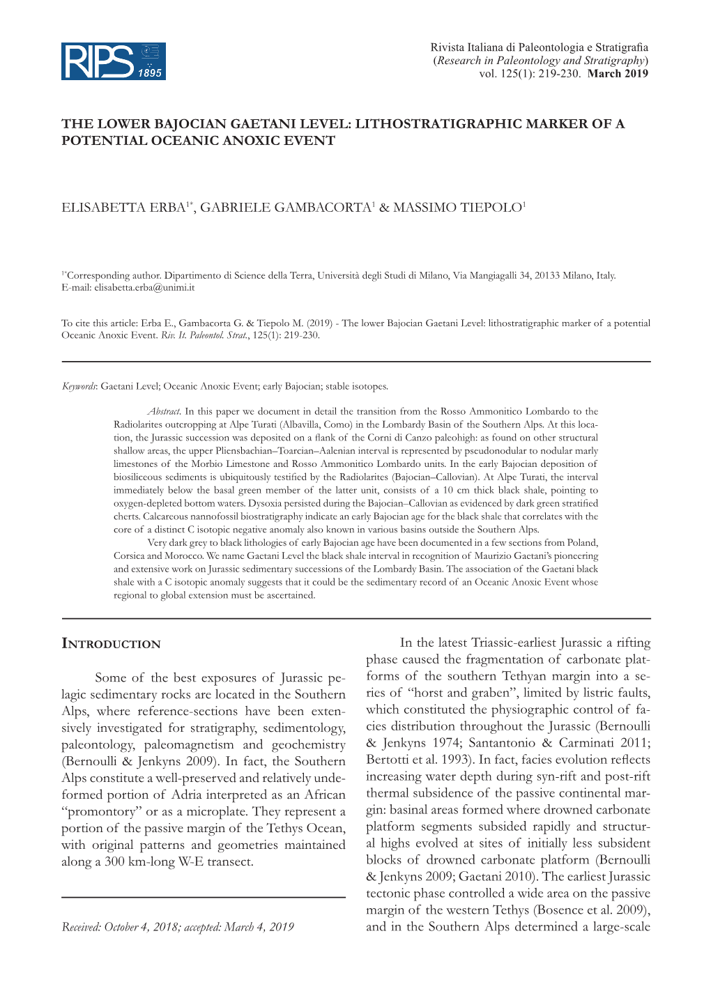 The Lower Bajocian Gaetani Level: Lithostratigraphic Marker of a Potential Oceanic Anoxic Event