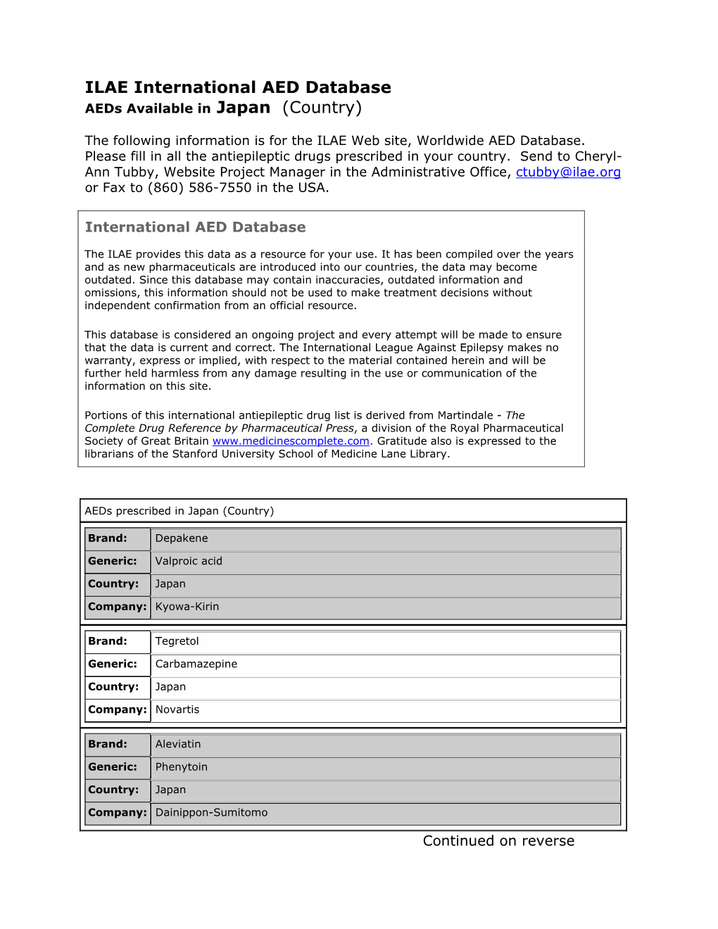 ILAE International AED Database Aeds Available in Japan (Country)