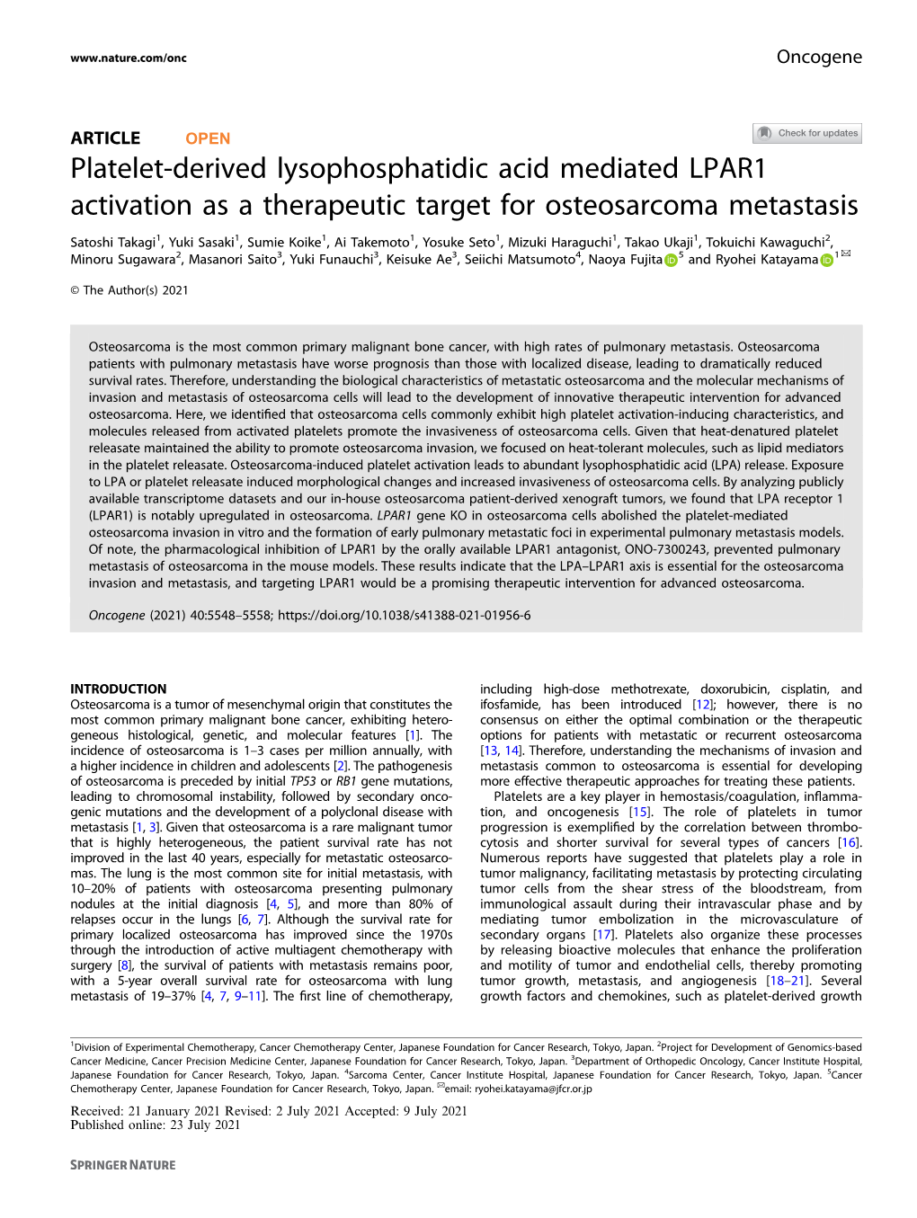 Platelet-Derived Lysophosphatidic Acid Mediated LPAR1 Activation As a Therapeutic Target for Osteosarcoma Metastasis