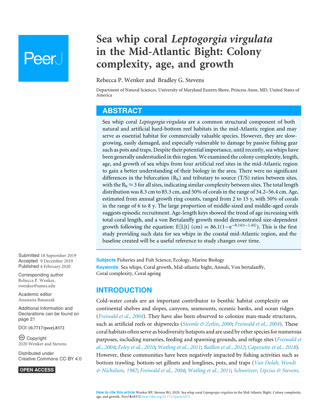 Sea Whip Coral Leptogorgia Virgulata in the Mid-Atlantic Bight: Colony Complexity, Age, and Growth