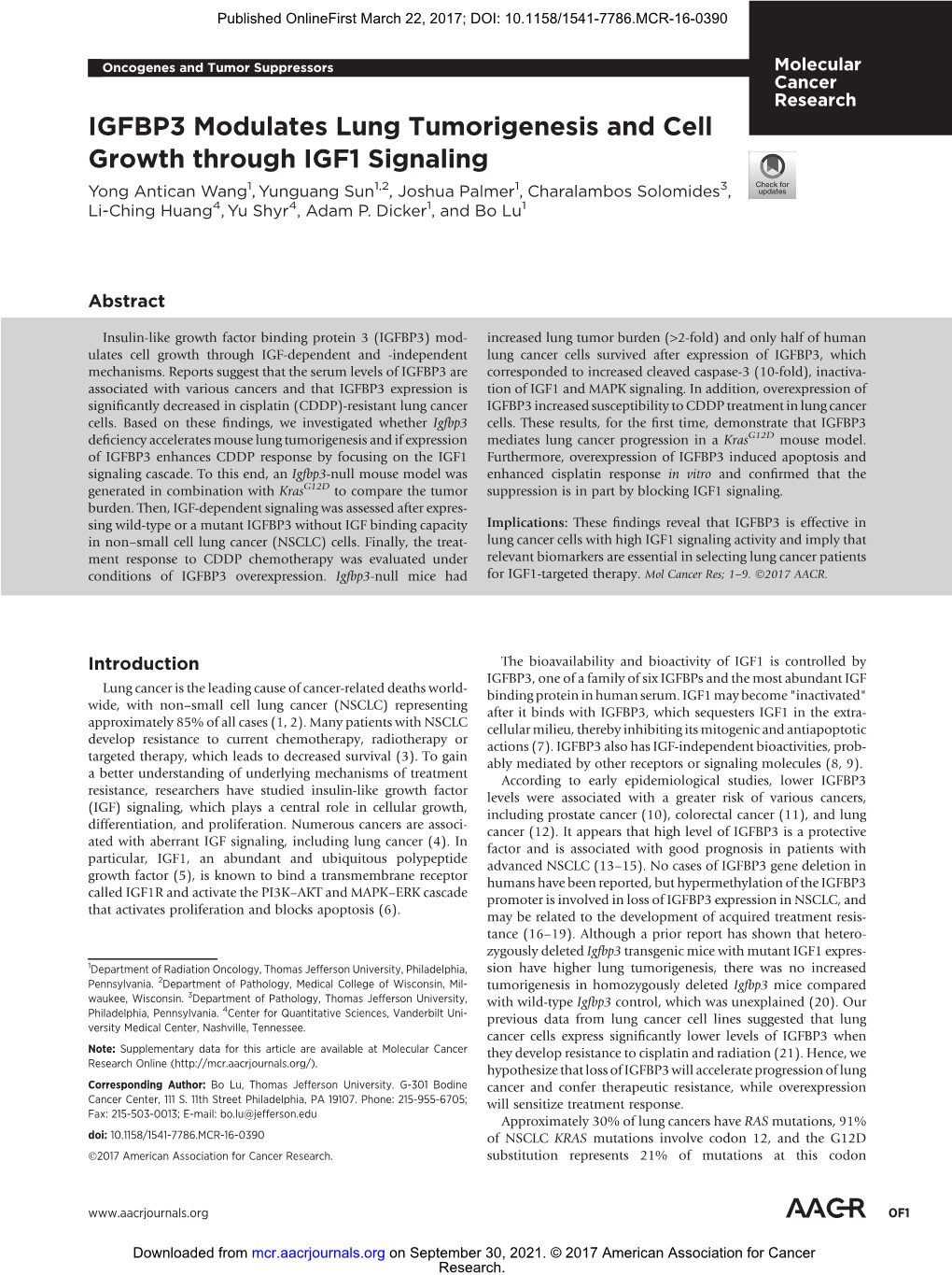 IGFBP3 Modulates Lung Tumorigenesis and Cell Growth