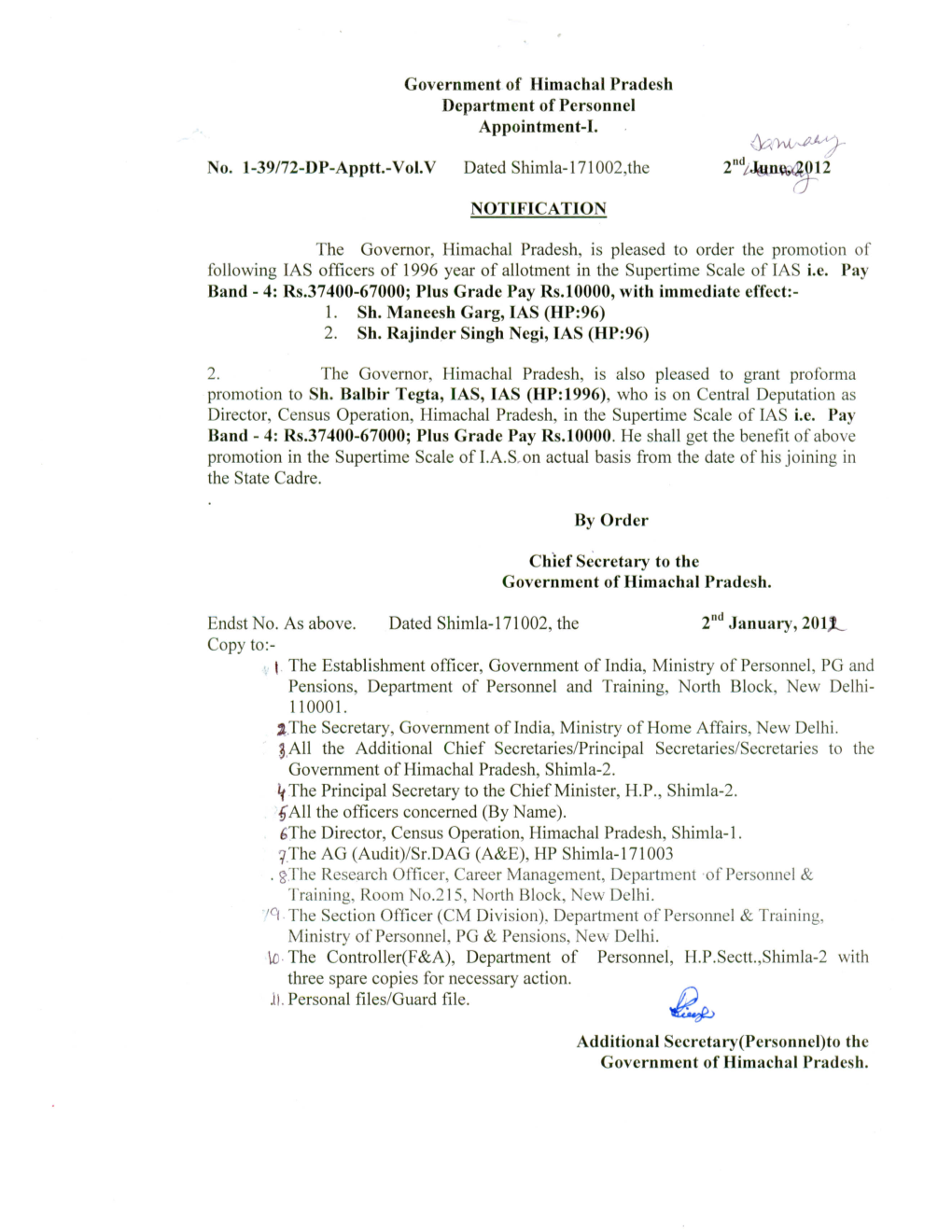 Promotion Orders of IAS Officers