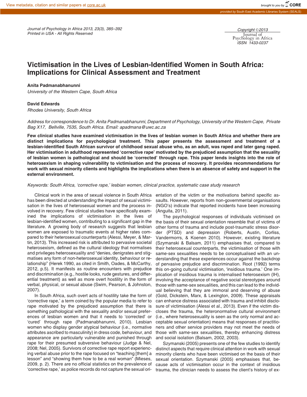 Victimisation in the Lives of Lesbian-Identified Women in South Africa: Implications for Clinical Assessment and Treatment