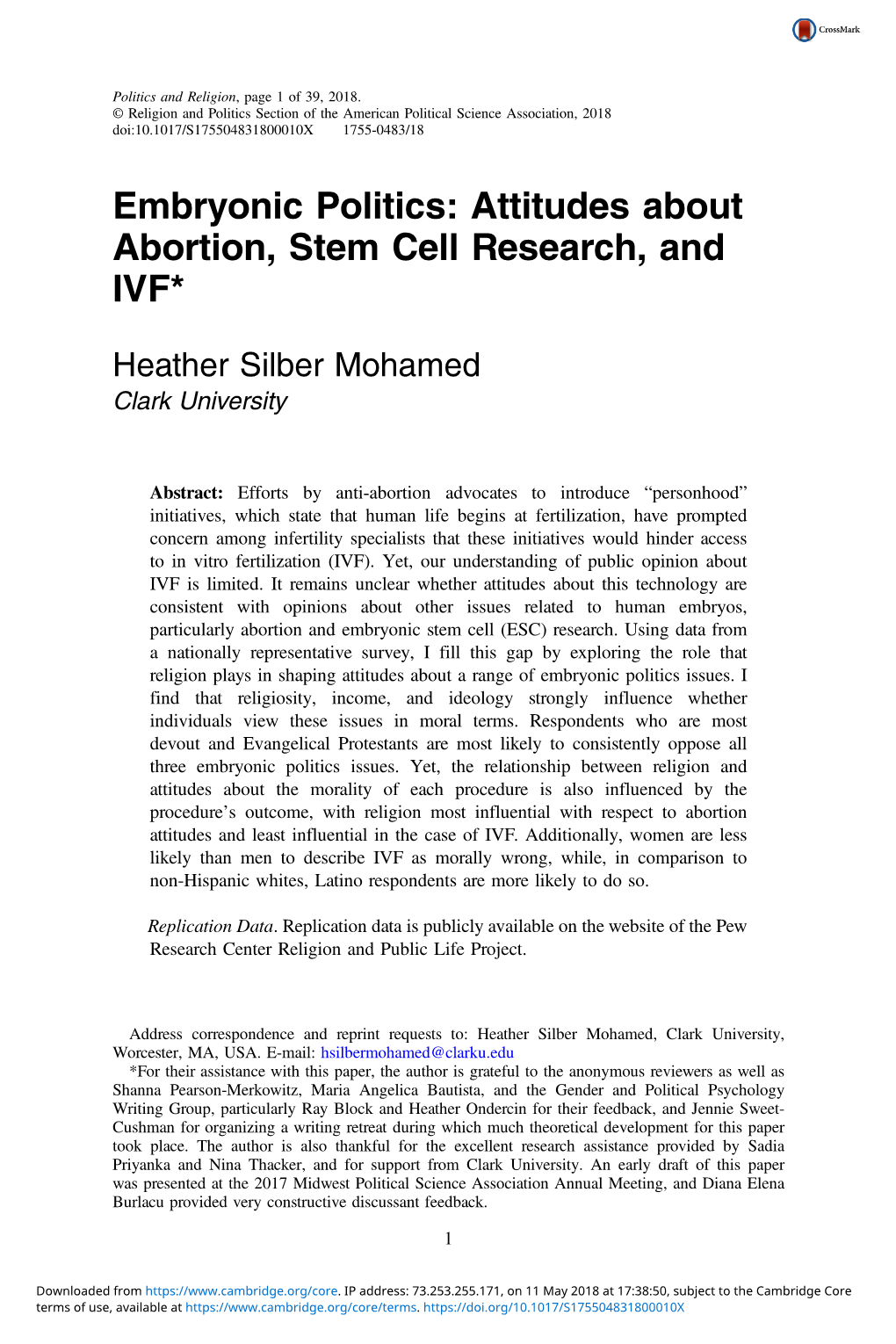 Embryonic Politics: Attitudes About Abortion, Stem Cell Research, and IVF*