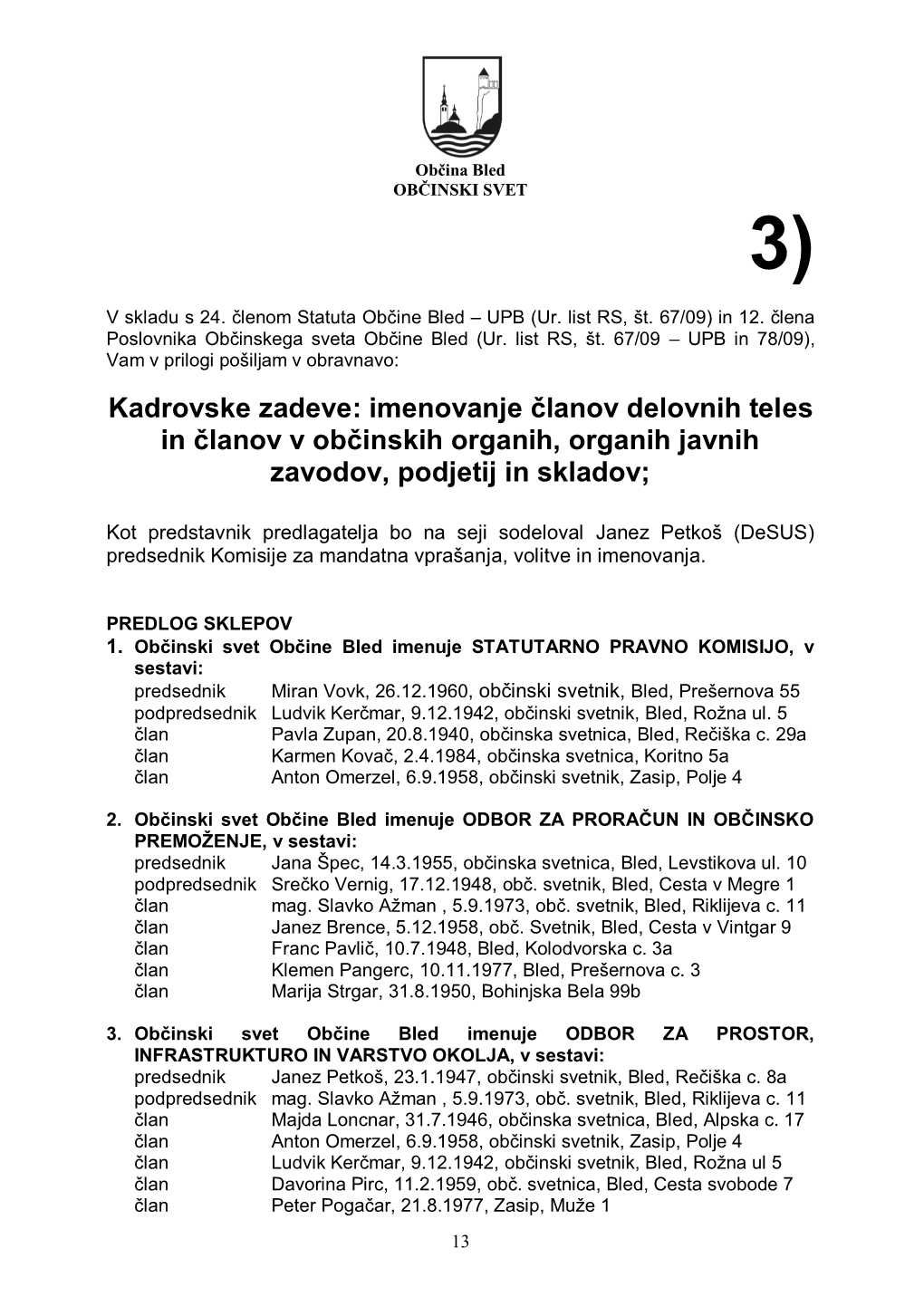 Kadrovske Zadeve: Imenovanje Članov Delovnih Teles in Članov V Občinskih Organih, Organih Javnih Zavodov, Podjetij in Skladov;