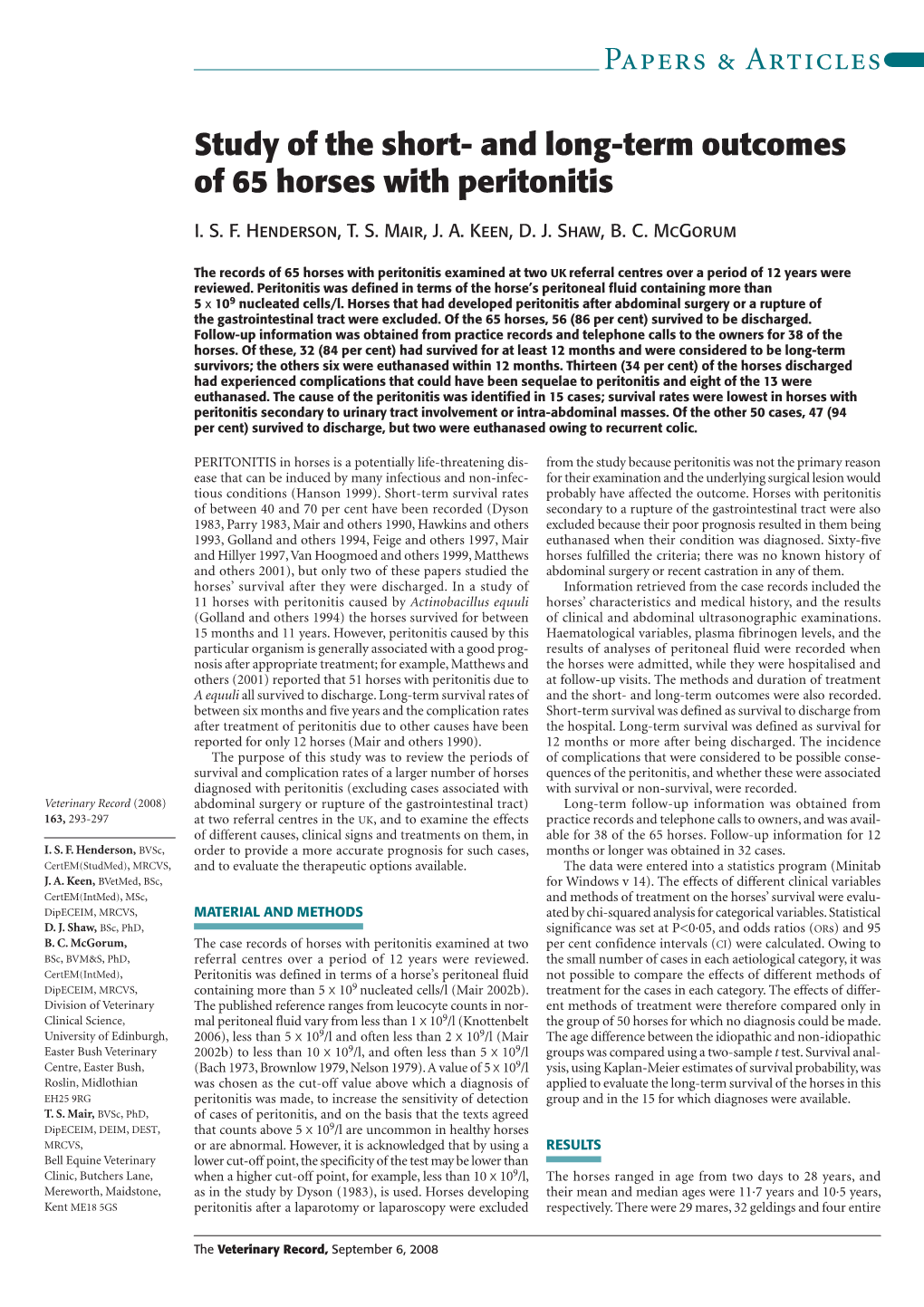 And Long-Term Outcomes of 65 Horses with Peritonitis