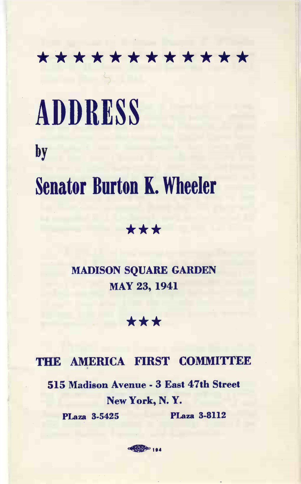 ADDRESS by Senator Burton L Wheeler