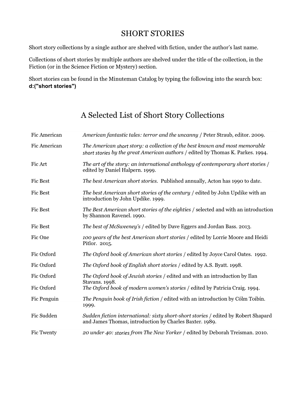 SHORT STORIES a Selected List of Short Story Collections