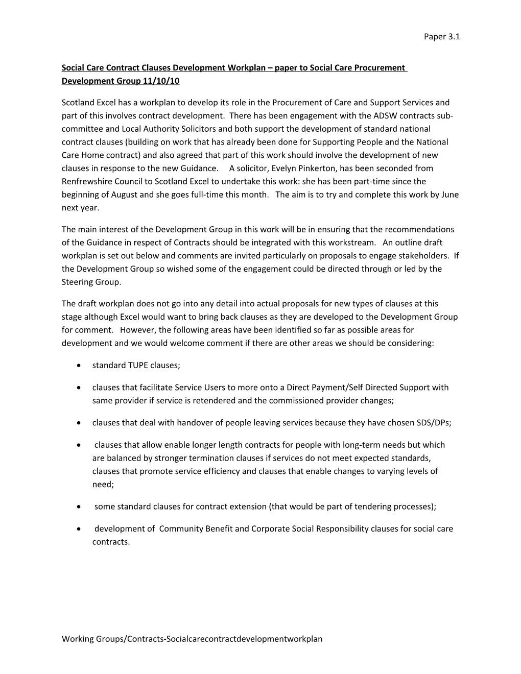 Social Care Contract Clauses Development Workplan Paper to Social Care Procurement Development