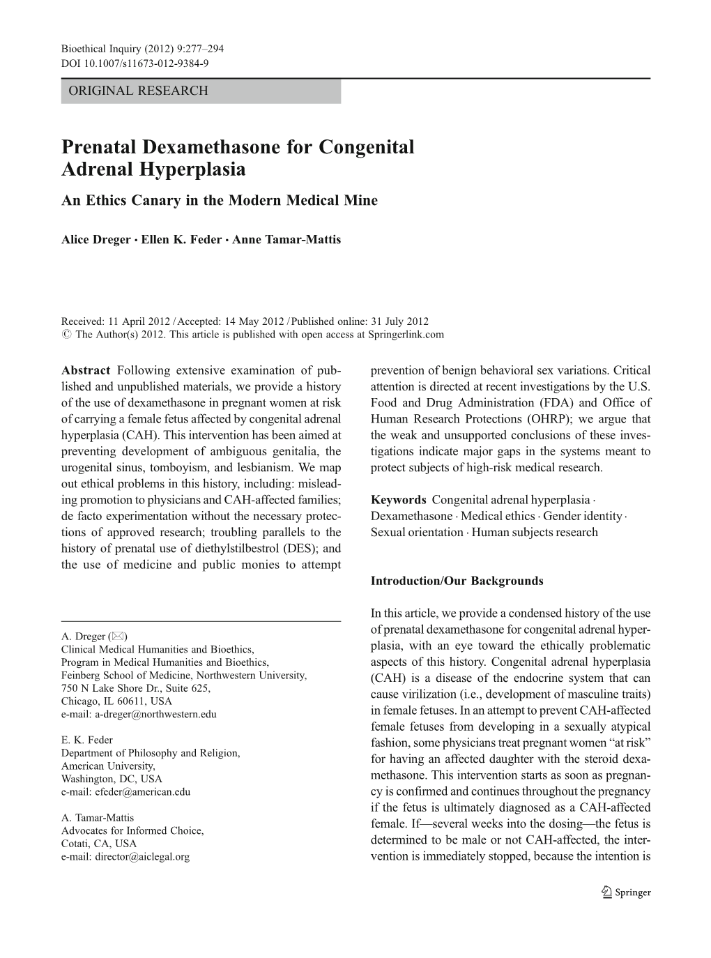 Prenatal Dexamethasone for Congenital Adrenal Hyperplasia an Ethics Canary in the Modern Medical Mine