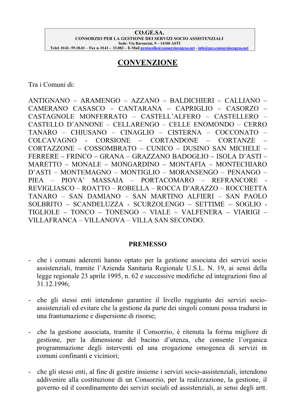 Convenzione Tra I Comuni Del Consorzio Co.Ge.Sa