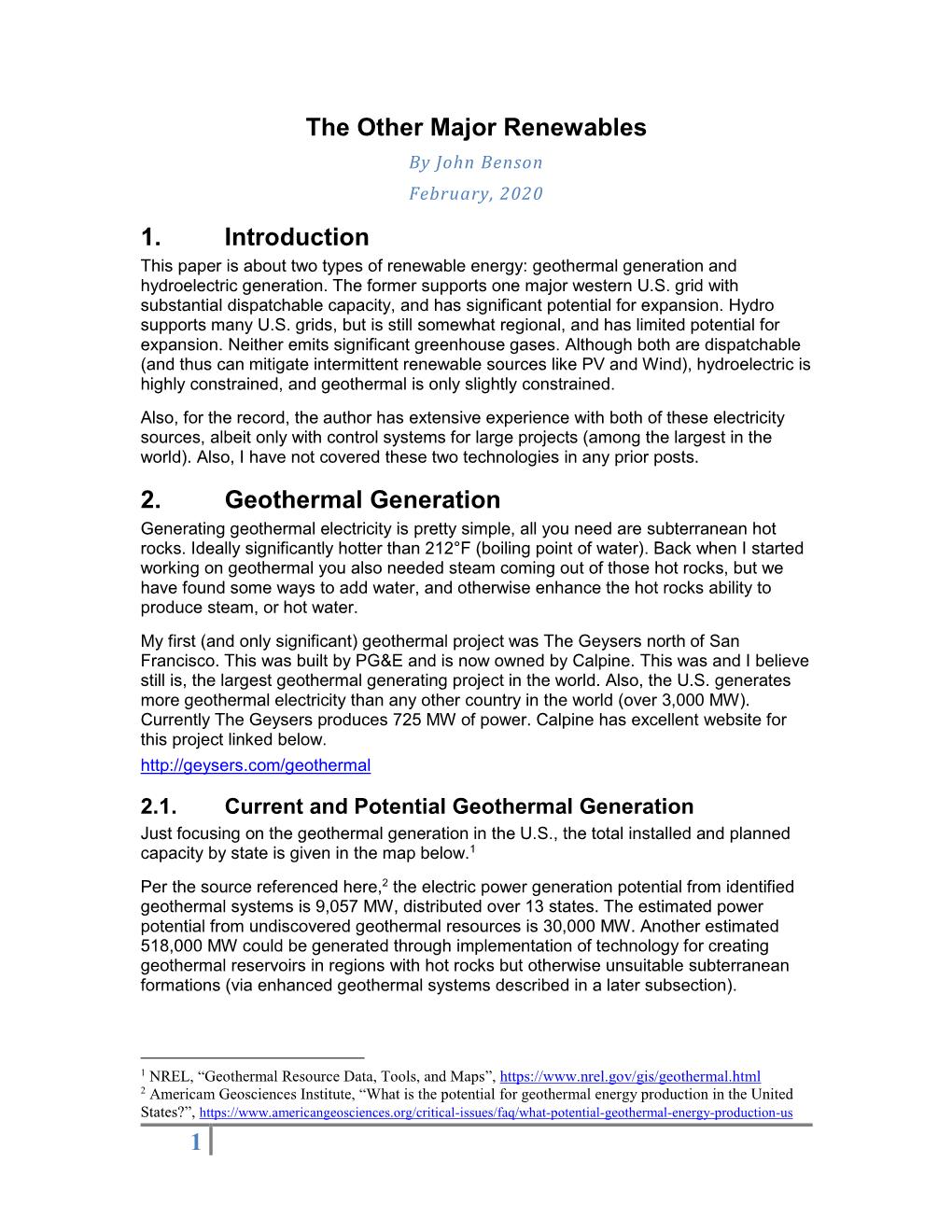 1 the Other Major Renewables 1. Introduction 2. Geothermal