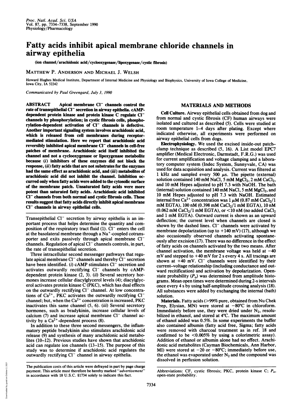 Fatty Acids Inhibit Apical Membrane Chloride Channels in Airway Epithelia (Ion Channel/Arachidonic Acid/Cyclooxygenase/Lipoxygenase/Cystic Fibrosis) MATTHEW P