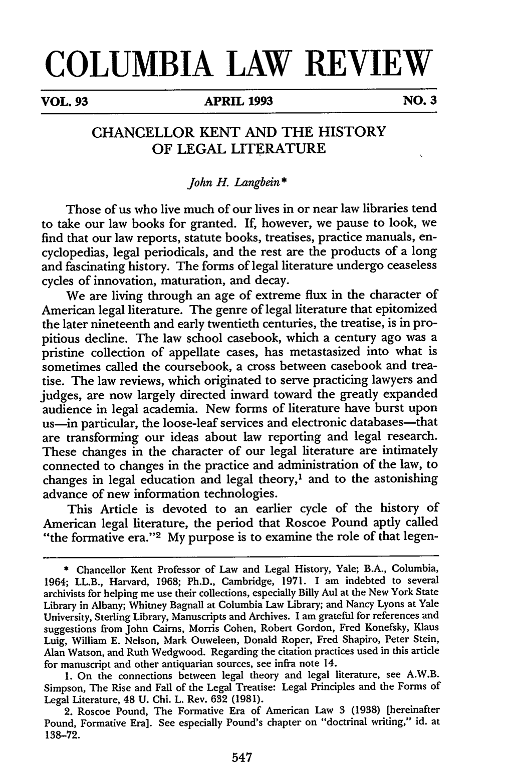 Chancellor Kent and the History of Legal Literature