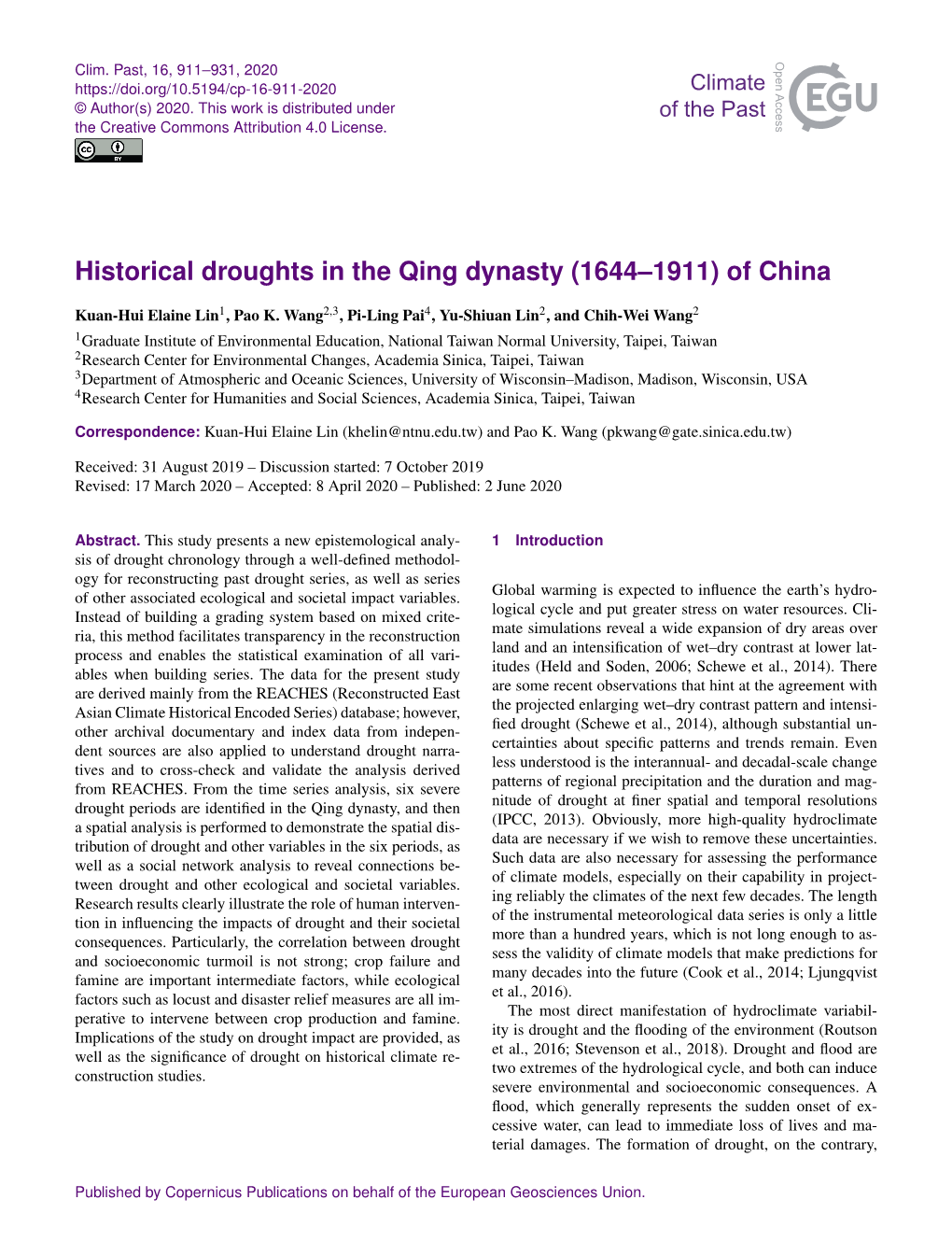 Historical Droughts in the Qing Dynasty (1644–1911) of China