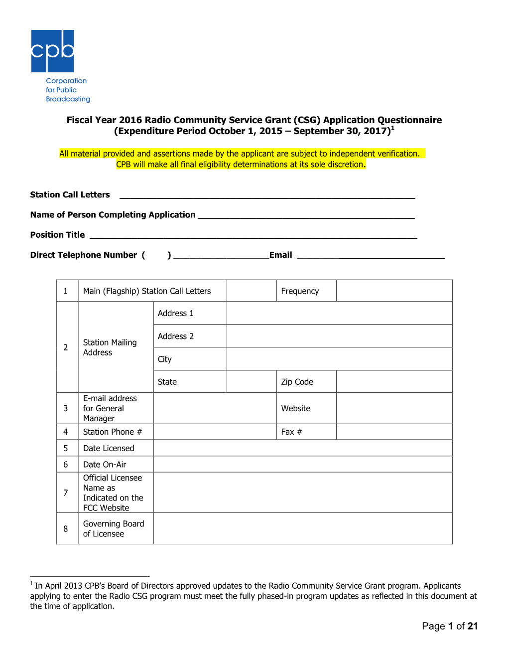 FY2014 CPB Radio CSG Application Questionnaire