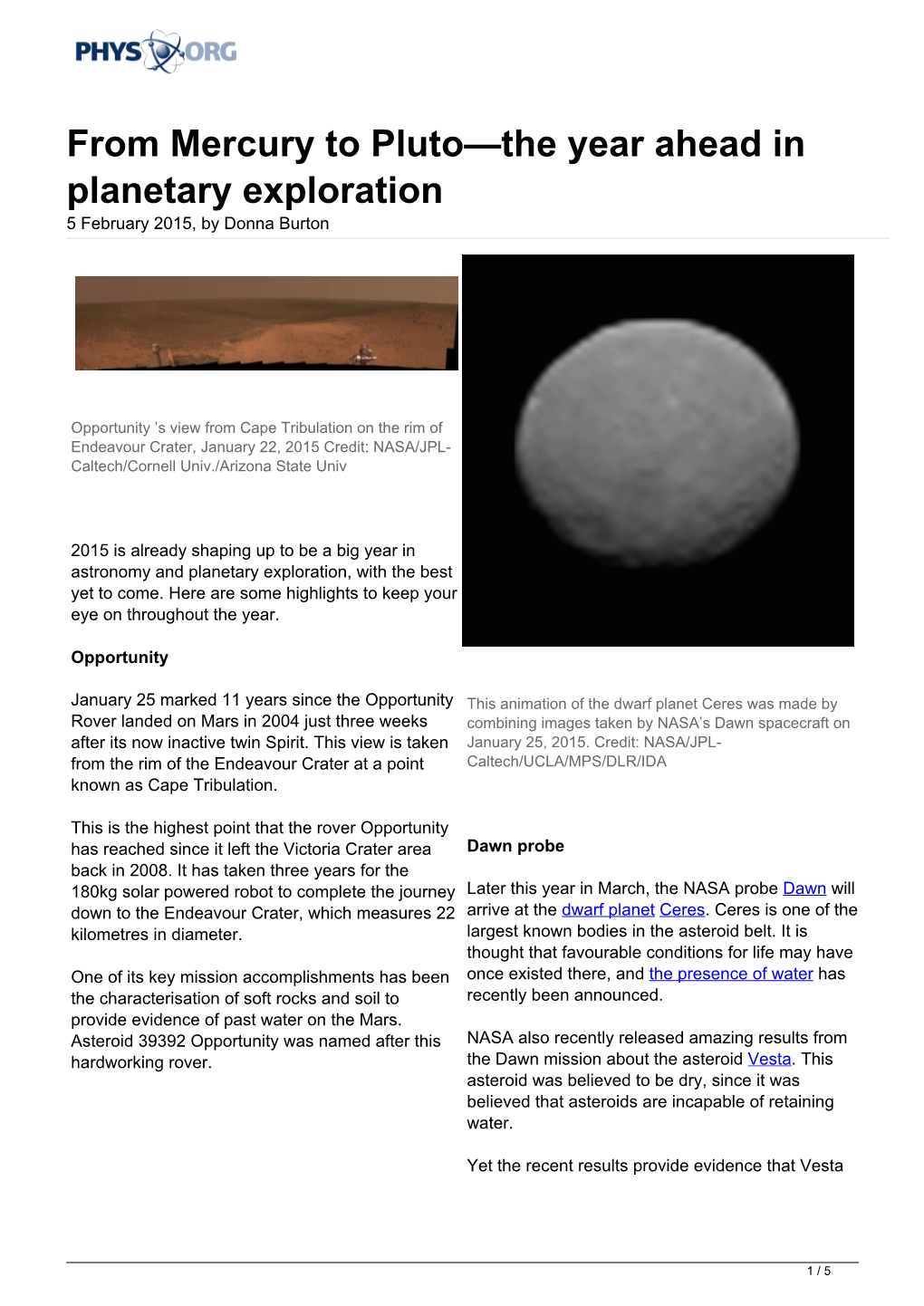 From Mercury to Pluto—The Year Ahead in Planetary Exploration 5 February 2015, by Donna Burton