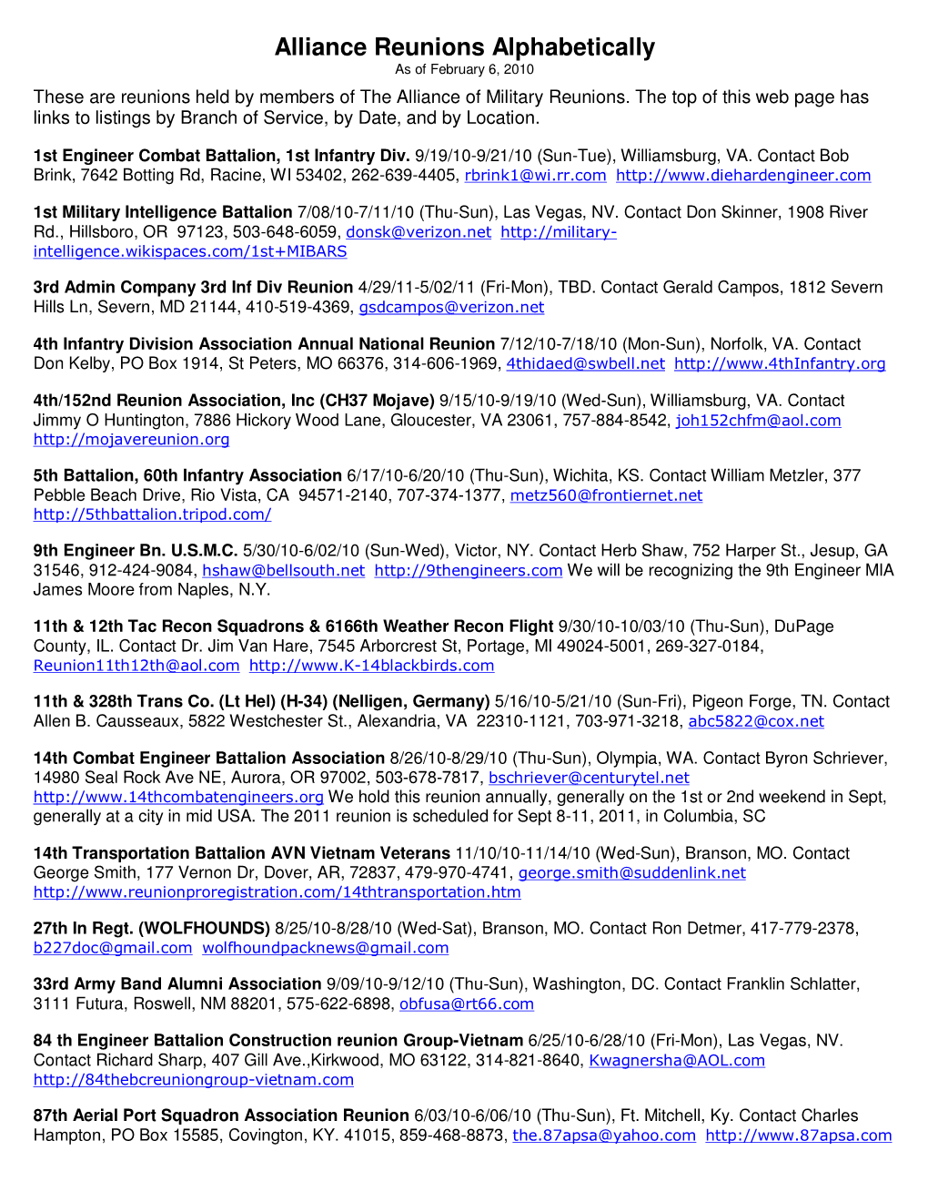 Alliance Reunions Alphabetically As of February 6, 2010 These Are Reunions Held by Members of the Alliance of Military Reunions