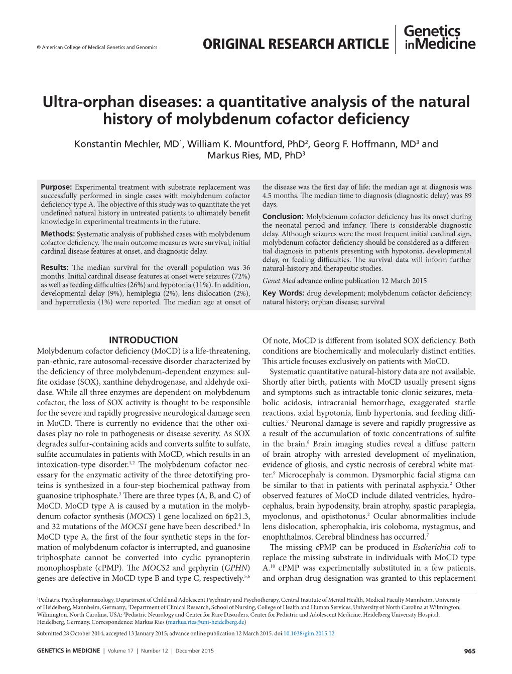 A Quantitative Analysis of the Natural History of Molybdenum Cofactor Deficiency