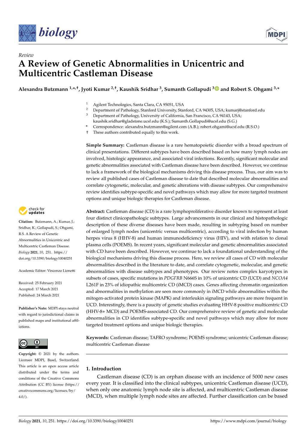 A Review of Genetic Abnormalities in Unicentric and Multicentric Castleman Disease