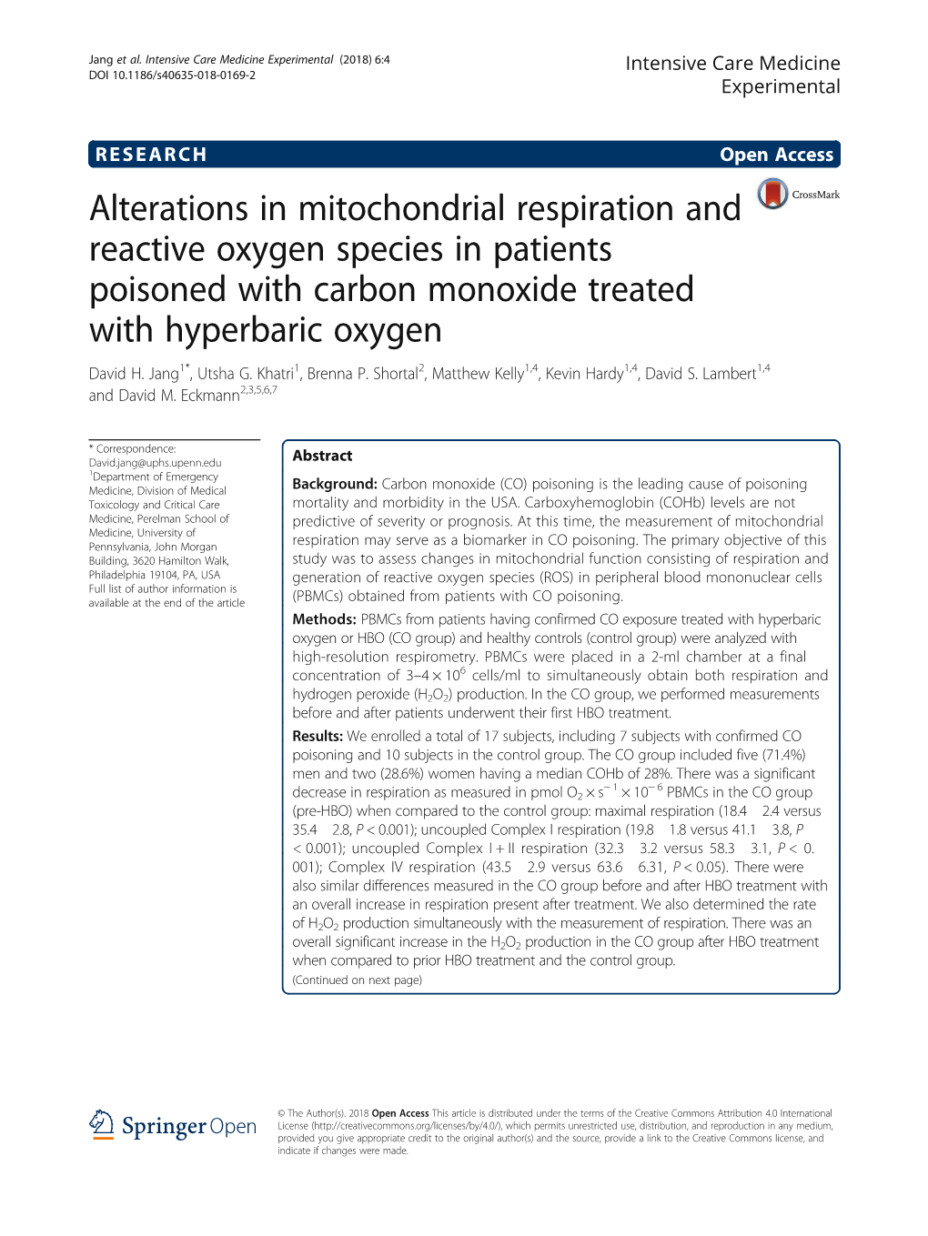 Alterations in Mitochondrial Respiration and Reactive Oxygen Species in Patients Poisoned with Carbon Monoxide Treated with Hyperbaric Oxygen David H