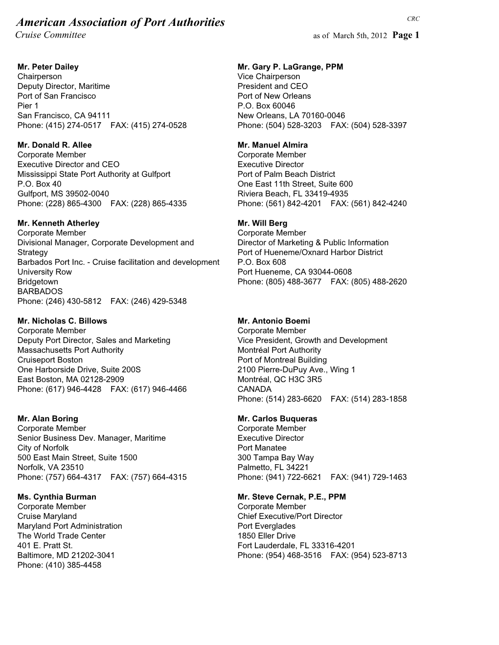 AAPA Cruise Committee Roster 5MAR2012