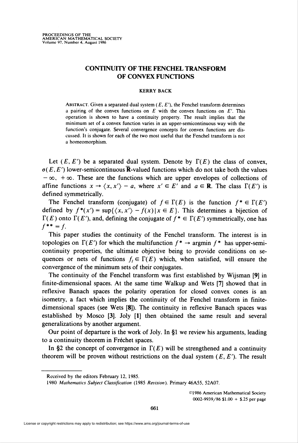 Continuity of the Fenchel Transform of Convex