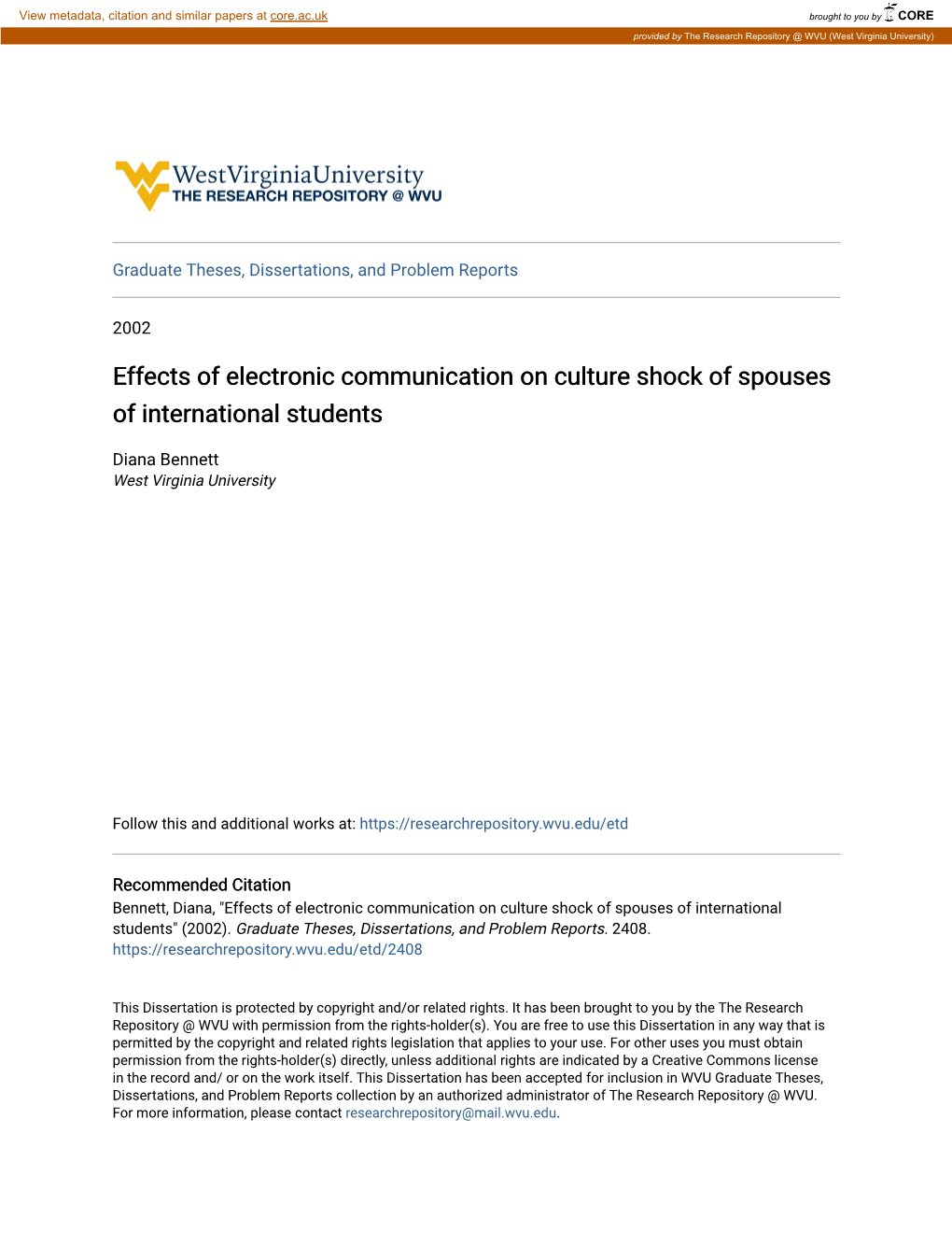Effects of Electronic Communication on Culture Shock of Spouses of International Students