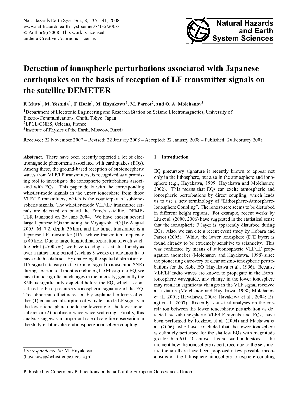 Detection of Ionospheric Perturbations Associated with Japanese Earthquakes on the Basis of Reception of LF Transmitter Signals on the Satellite DEMETER