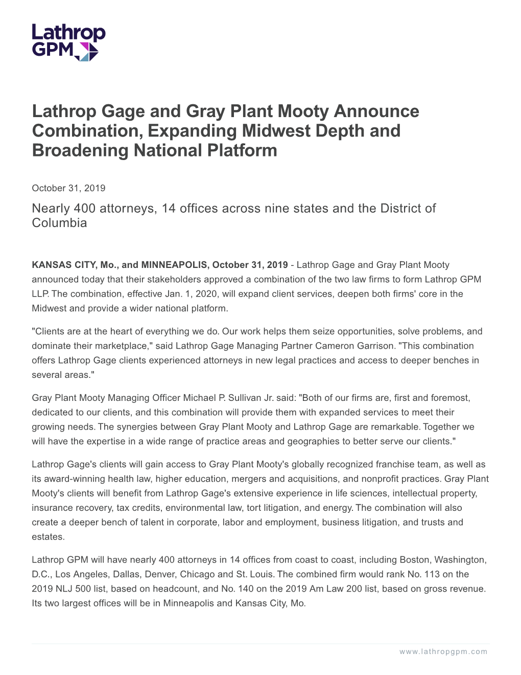 Lathrop Gage and Gray Plant Mooty Announce Combination, Expanding Midwest Depth and Broadening National Platform